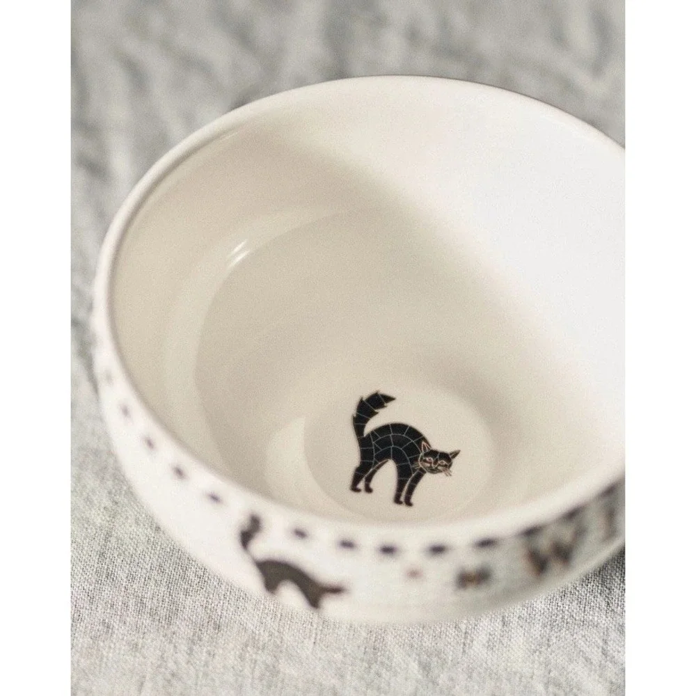 Anthropologie Bistro Tile Nut Bowl Set 2 Halloween Witch Cat & Bat Dessert Black